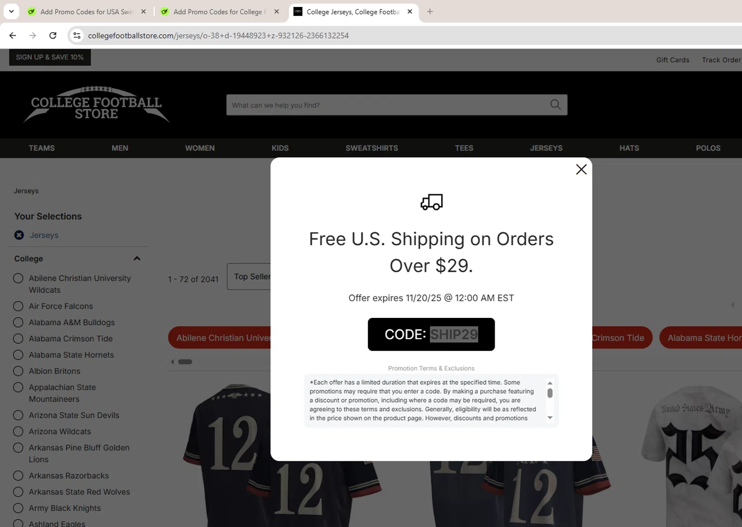 College Football Store coupon code screenshot showing code SHIP29 applied at College Football Store checkout page. Uploaded by SimplyCodes community member Rado1234 on Nov 20, 2025