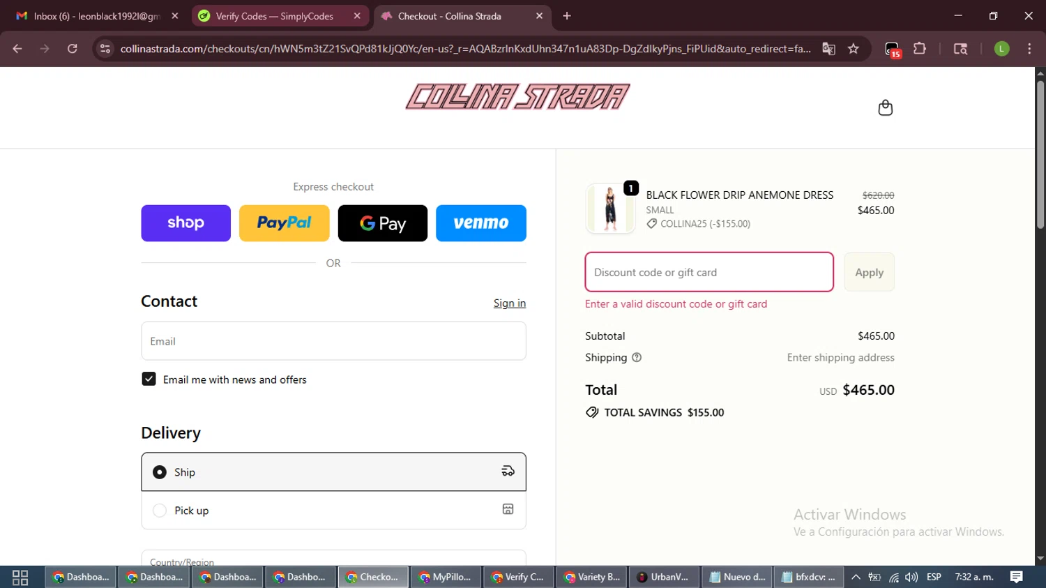 Collina Strada discount code screenshot showing code COLLINA25 applied at Collina Strada checkout page. Uploaded by SimplyCodes community member CleverFalcon7682 on Nov 27, 2025