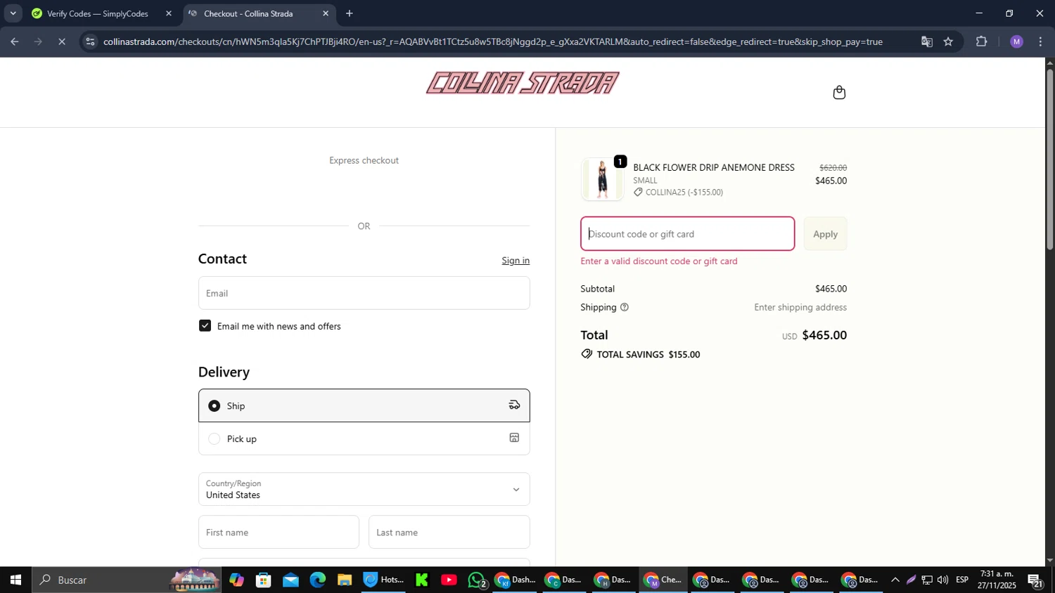 Collina Strada discount code screenshot showing code COLLINA25 applied at Collina Strada checkout page. Uploaded by SimplyCodes community member CouponGuardian8137 on Nov 27, 2025