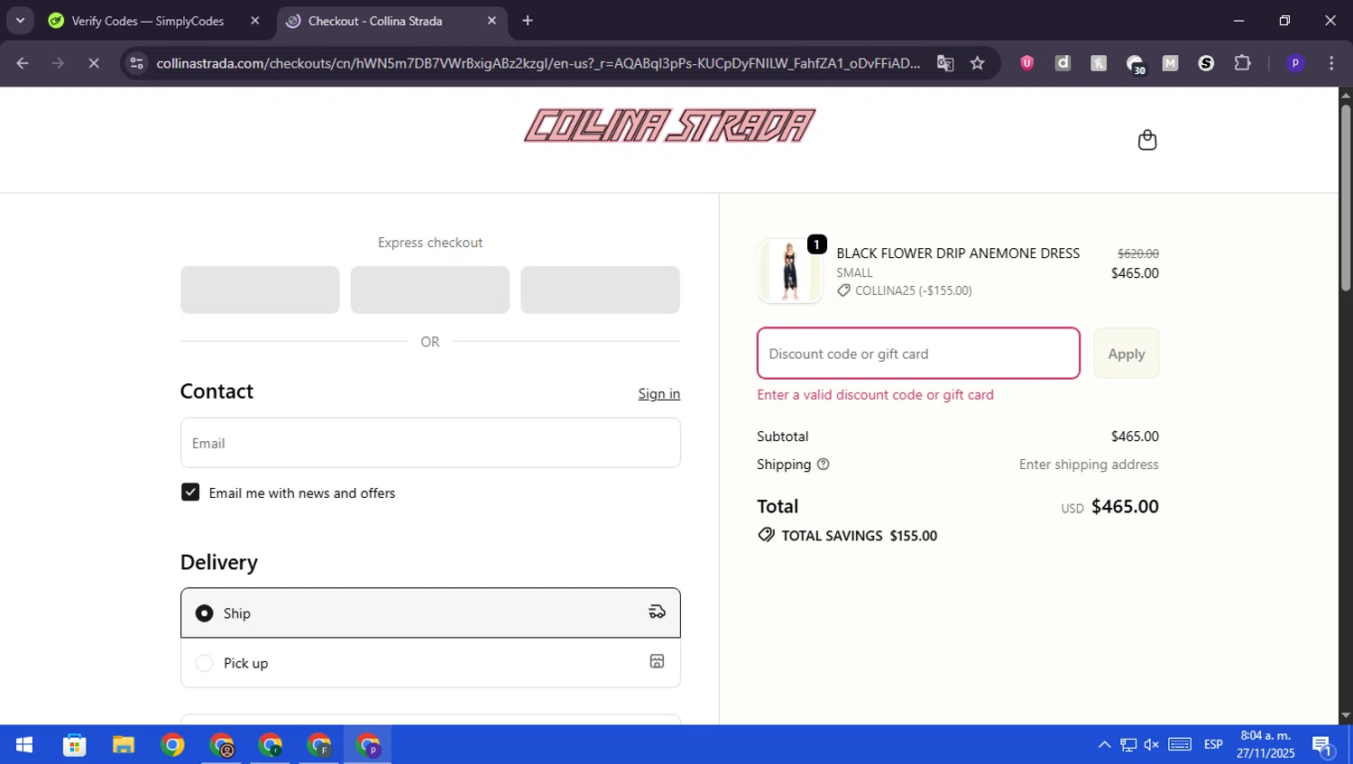 Collina Strada discount code screenshot showing code COLLINA25 applied at Collina Strada checkout page. Uploaded by SimplyCodes community member RebateScout6612 on Nov 27, 2025