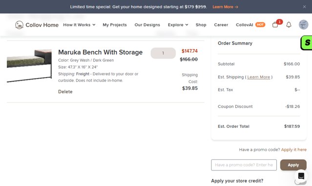 Collov checkout page showing Collov promo code box | Screenshot taken by SimplyCodes community member on Jul 9, 2025
