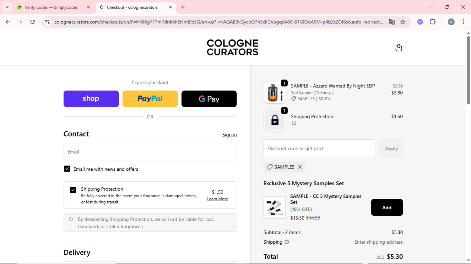 colognecurators discount code screenshot showing code SAMPLE5 applied at colognecurators checkout page. Uploaded by SimplyCodes community member CrownSpotter6947 on Dec 6, 2025