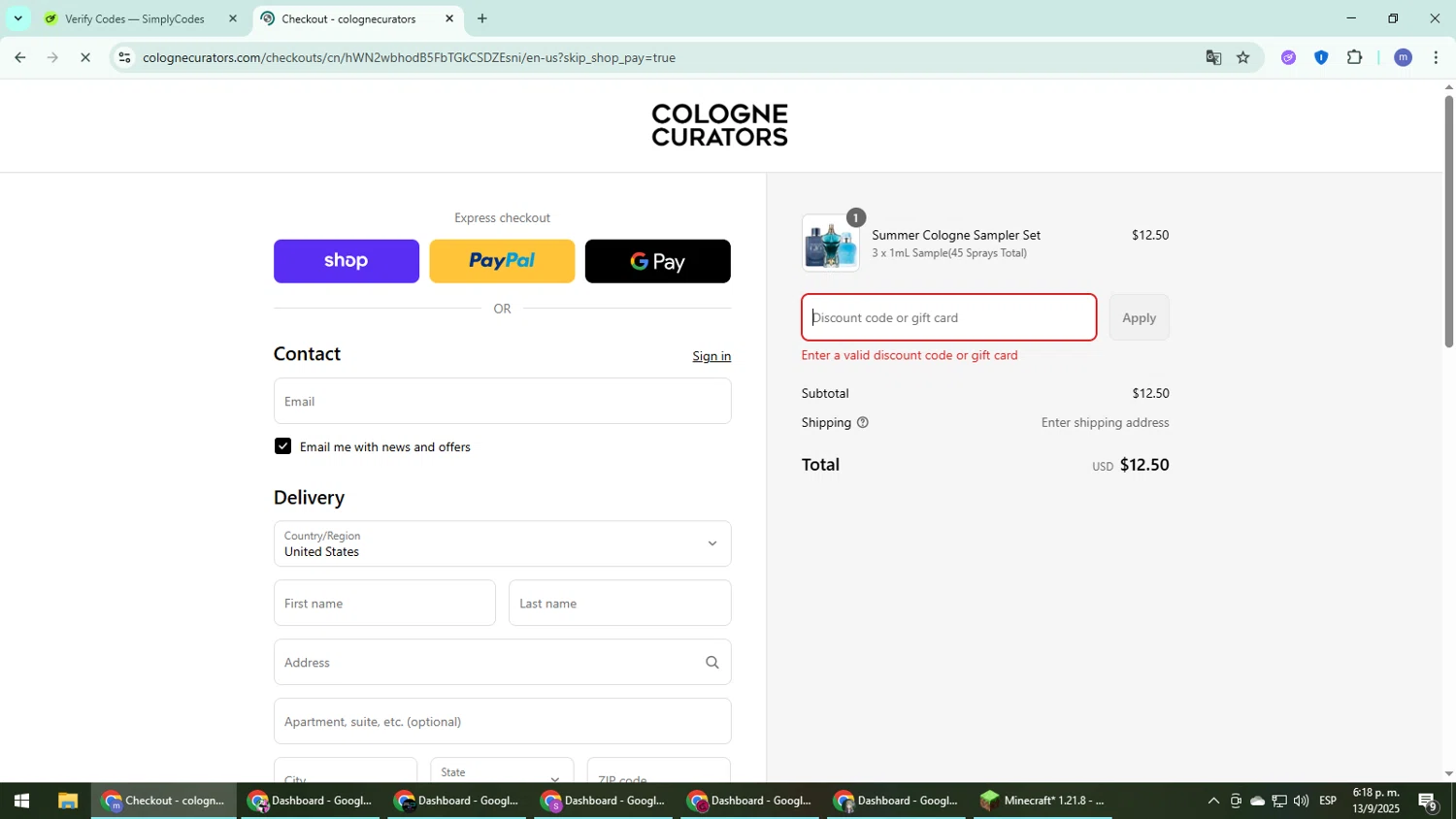 colognecurators discount code screenshot showing code FALL10 applied at colognecurators checkout page. Uploaded by SimplyCodes community member QuestDefender2661 on Sep 13, 2025