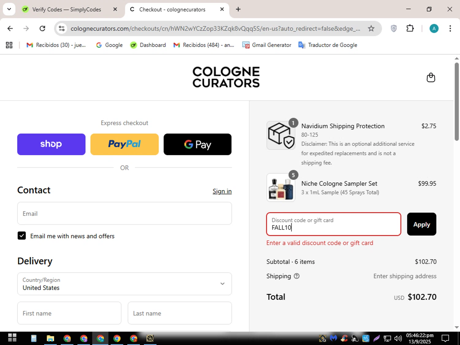 colognecurators discount code screenshot showing code FALL10 applied at colognecurators checkout page. Uploaded by SimplyCodes community member SavingsScout358 on Sep 13, 2025