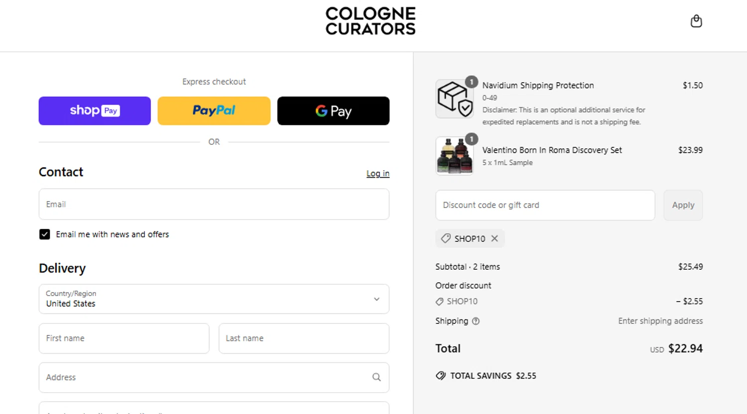 colognecurators discount code screenshot showing code SHOP10 applied at colognecurators checkout page. Uploaded by SimplyCodes community member Jhonny on May 21, 2025