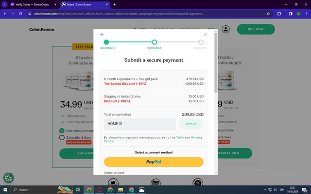 ColonBroom checkout page showing ColonBroom discount code box | Screenshot taken by SimplyCodes community member on Mar 19, 2024