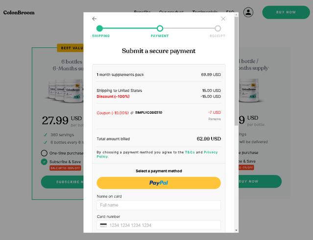 ColonBroom checkout page showing ColonBroom discount code box | Screenshot taken by SimplyCodes community member on Apr 9, 2024