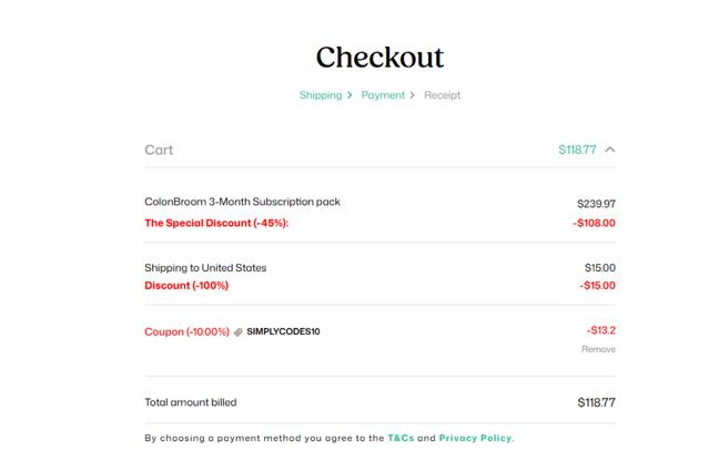 ColonBroom checkout page showing ColonBroom discount code box | Screenshot taken by SimplyCodes community member on Aug 22, 2024