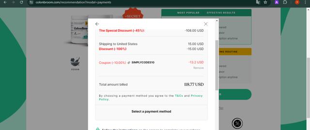 ColonBroom checkout page showing ColonBroom discount code box | Screenshot taken by SimplyCodes community member on Jul 13, 2024