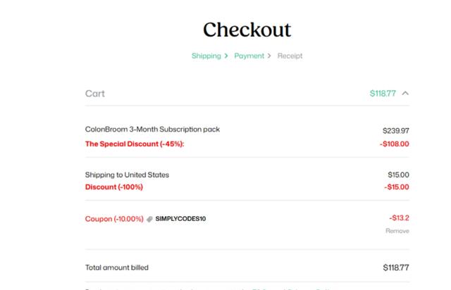 ColonBroom checkout page showing ColonBroom discount code box | Screenshot taken by SimplyCodes community member on Jul 6, 2025