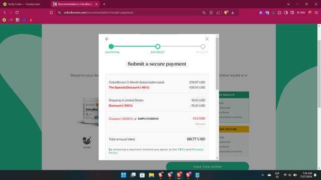 ColonBroom checkout page showing ColonBroom discount code box | Screenshot taken by SimplyCodes community member on Jul 27, 2024