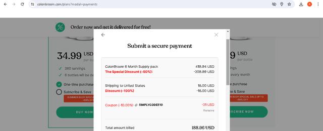 ColonBroom checkout page showing ColonBroom discount code box | Screenshot taken by SimplyCodes community member on May 26, 2024