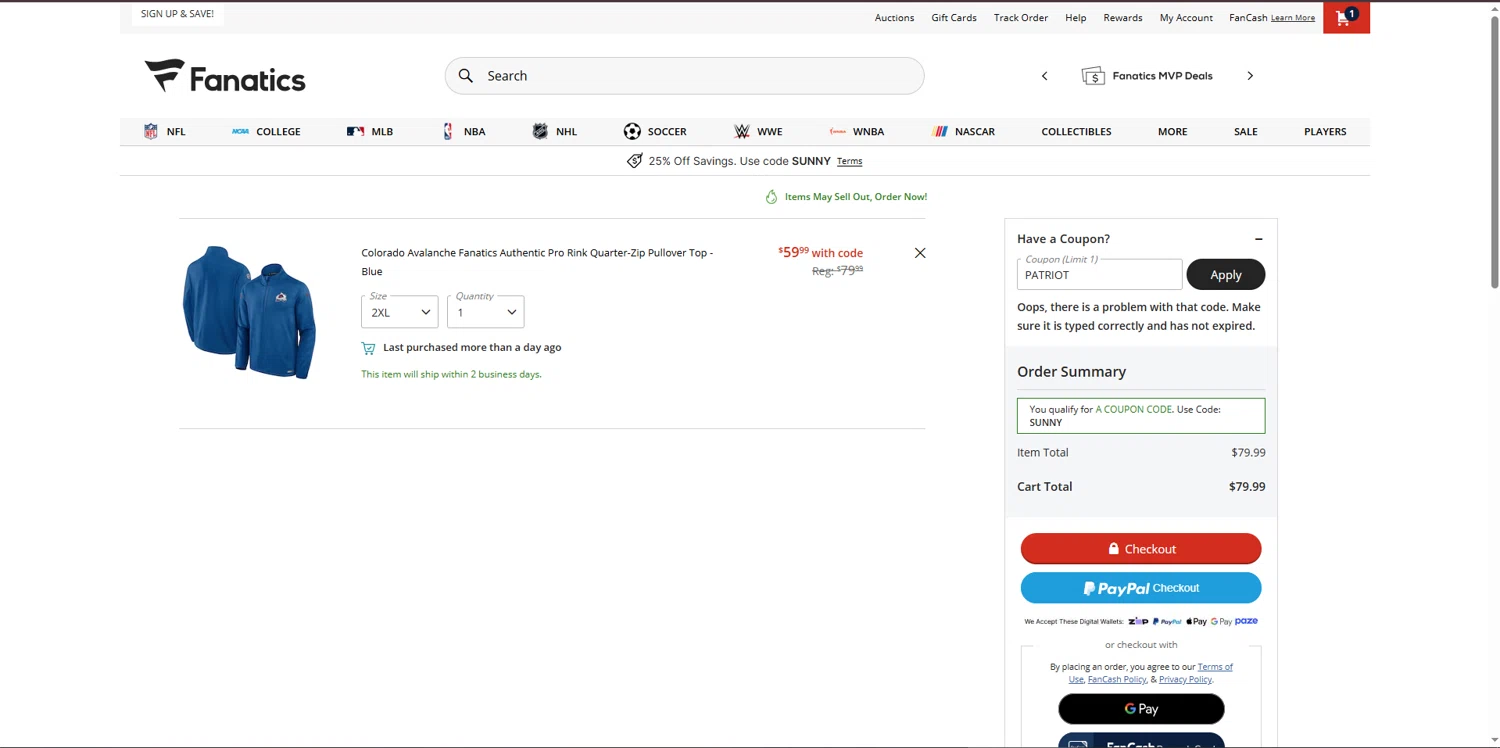 Colorado Avalanche promo code screenshot showing code PATRIOT applied at Colorado Avalanche checkout page. Uploaded by SimplyCodes community member VictoriousChaser2162 on Mar 17, 2025