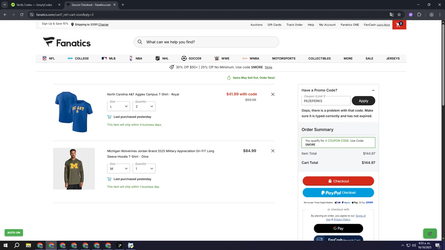 Colorado Avalanche promo code screenshot showing code PAZEPERKS applied at Colorado Avalanche checkout page. Uploaded by SimplyCodes community member aaaaaaaaaaaaaaaa on Oct 16, 2025