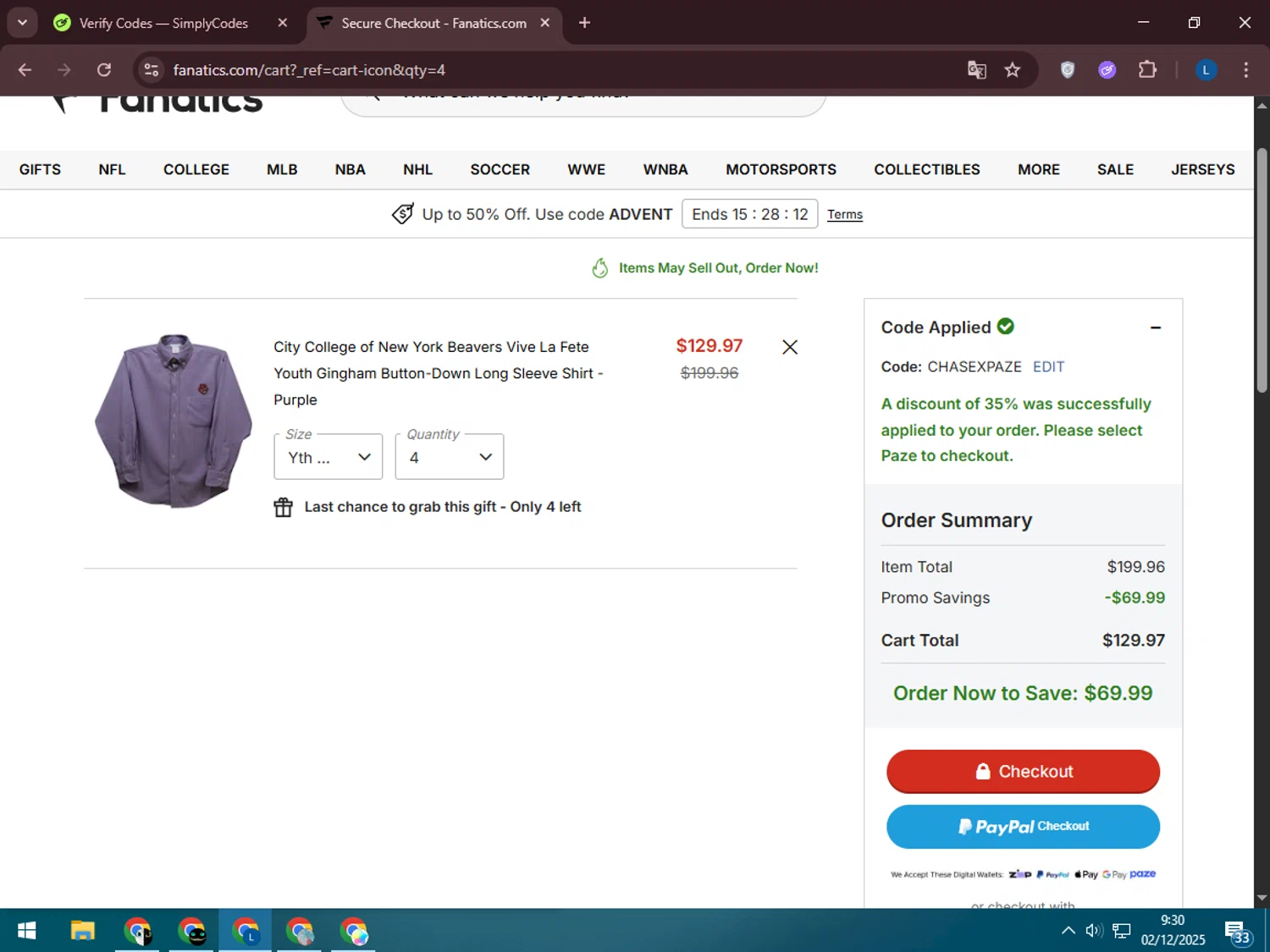 Colorado Avalanche promo code screenshot showing code CHASEXPAZE applied at Colorado Avalanche checkout page. Uploaded by SimplyCodes community member LegendaryLegend5536 on Dec 2, 2025