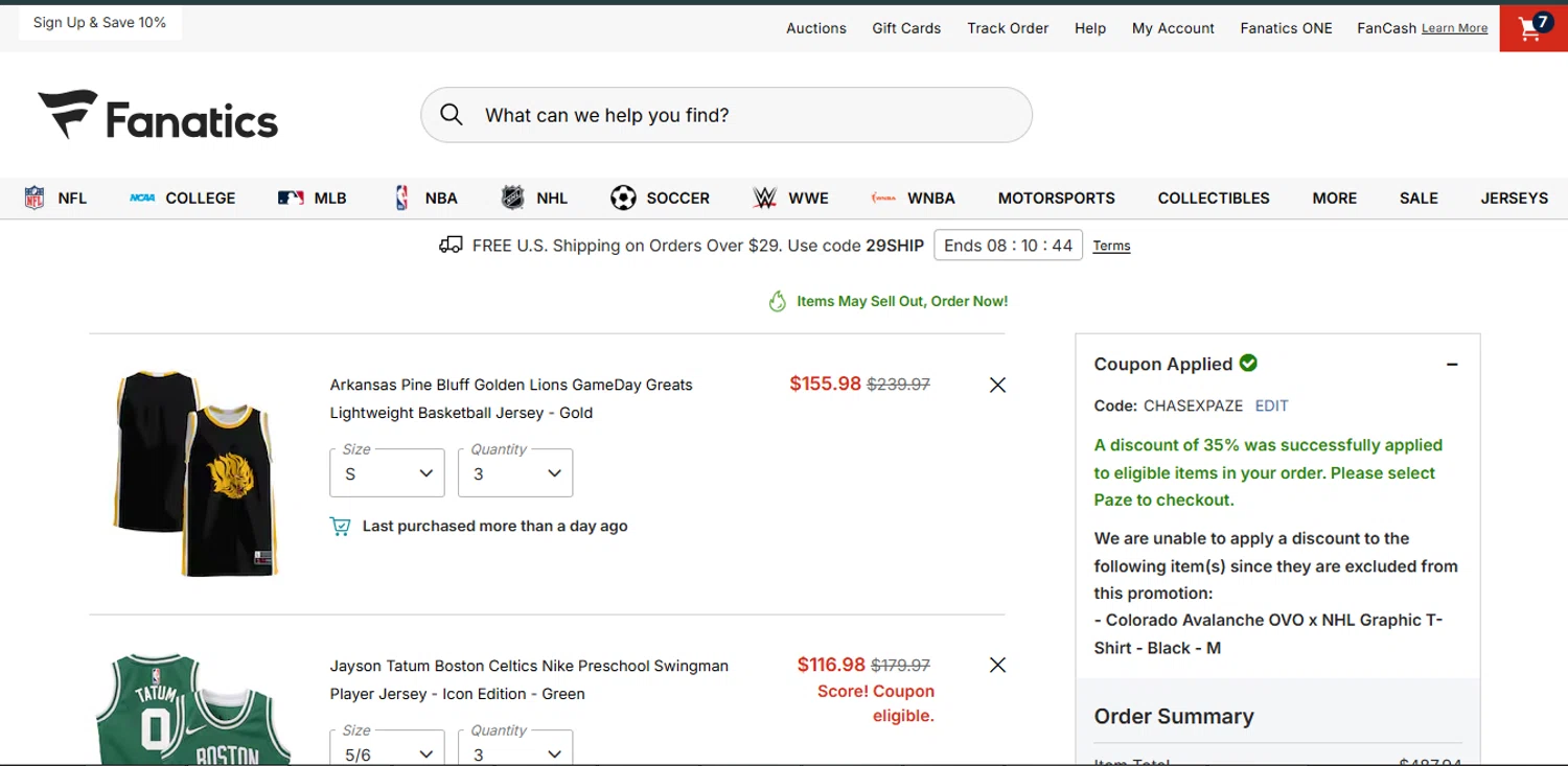 Colorado Avalanche promo code screenshot showing code CHASEXPAZE applied at Colorado Avalanche checkout page. Uploaded by SimplyCodes community member Ronita_832988044 on Nov 2, 2025