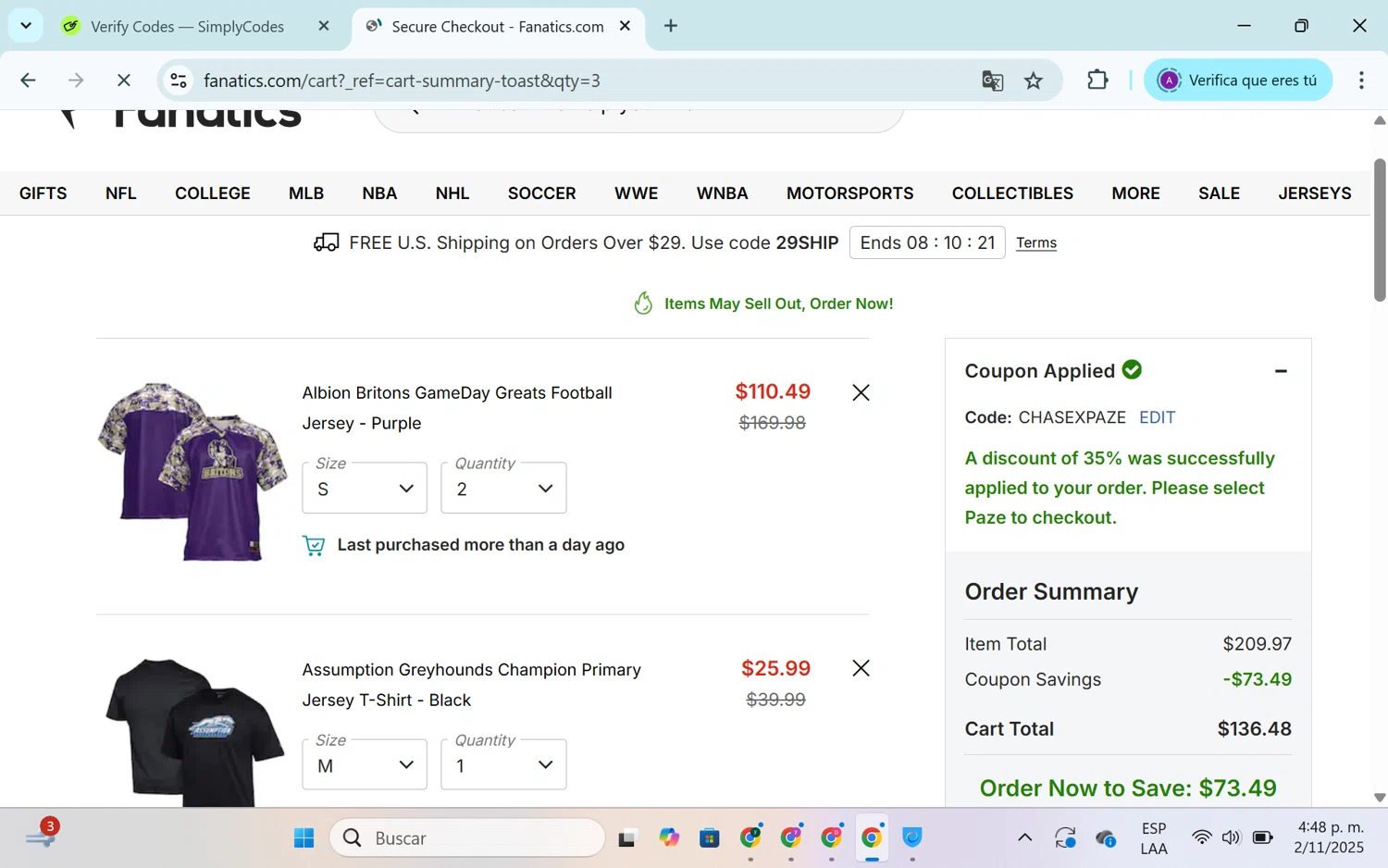 Colorado Avalanche promo code screenshot showing code CHASEXPAZE applied at Colorado Avalanche checkout page. Uploaded by SimplyCodes community member SEANJOHN55 on Nov 2, 2025