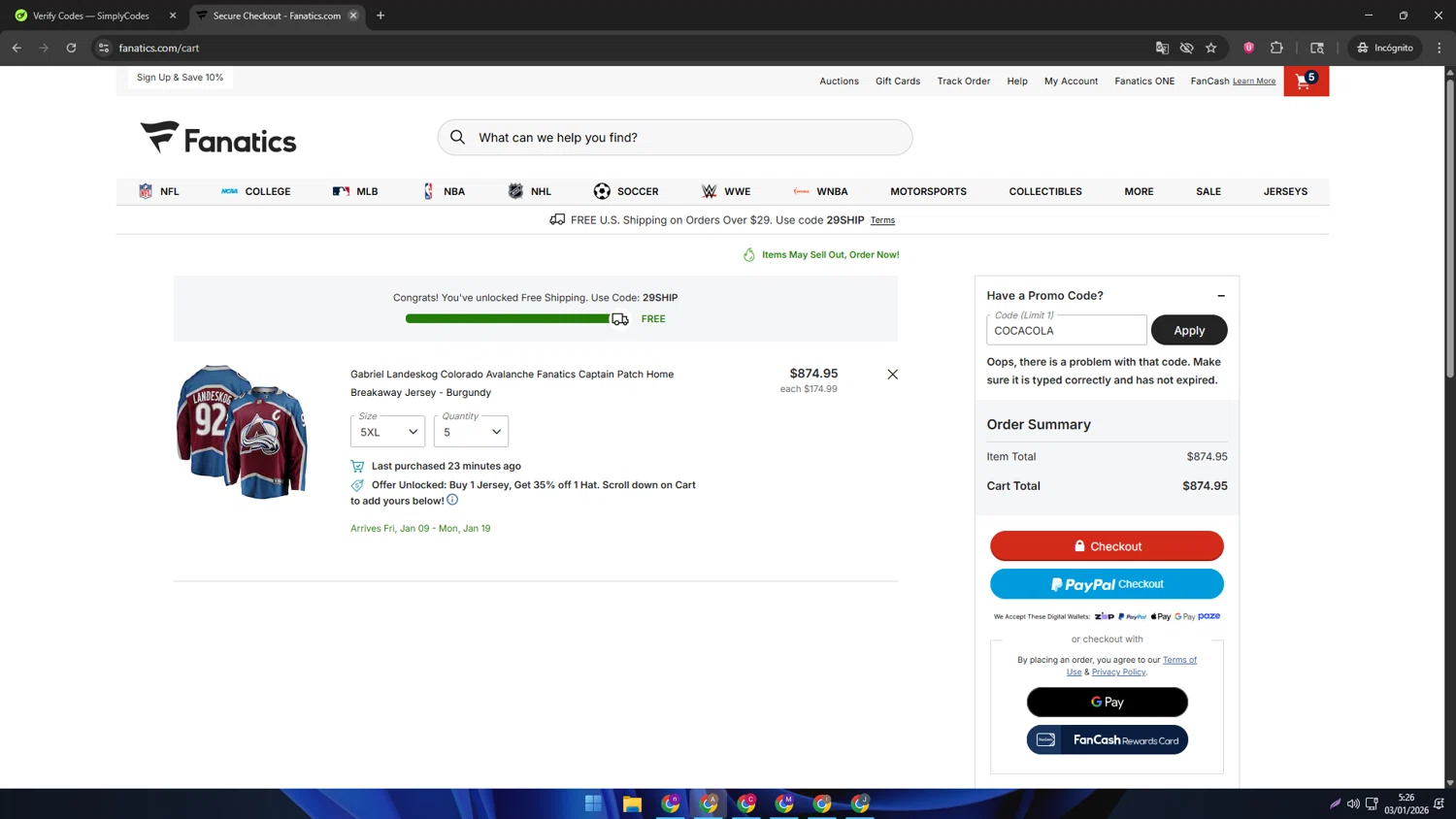 Colorado Avalanche promo code screenshot showing code COCACOLA applied at Colorado Avalanche checkout page. Uploaded by SimplyCodes community member SwiftSage2309 on Jan 3, 2026