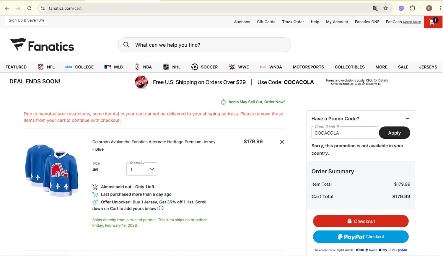 Colorado Avalanche promo code screenshot showing code COCACOLA applied at Colorado Avalanche checkout page. Uploaded by SimplyCodes community member carlosra07 on Feb 12, 2026