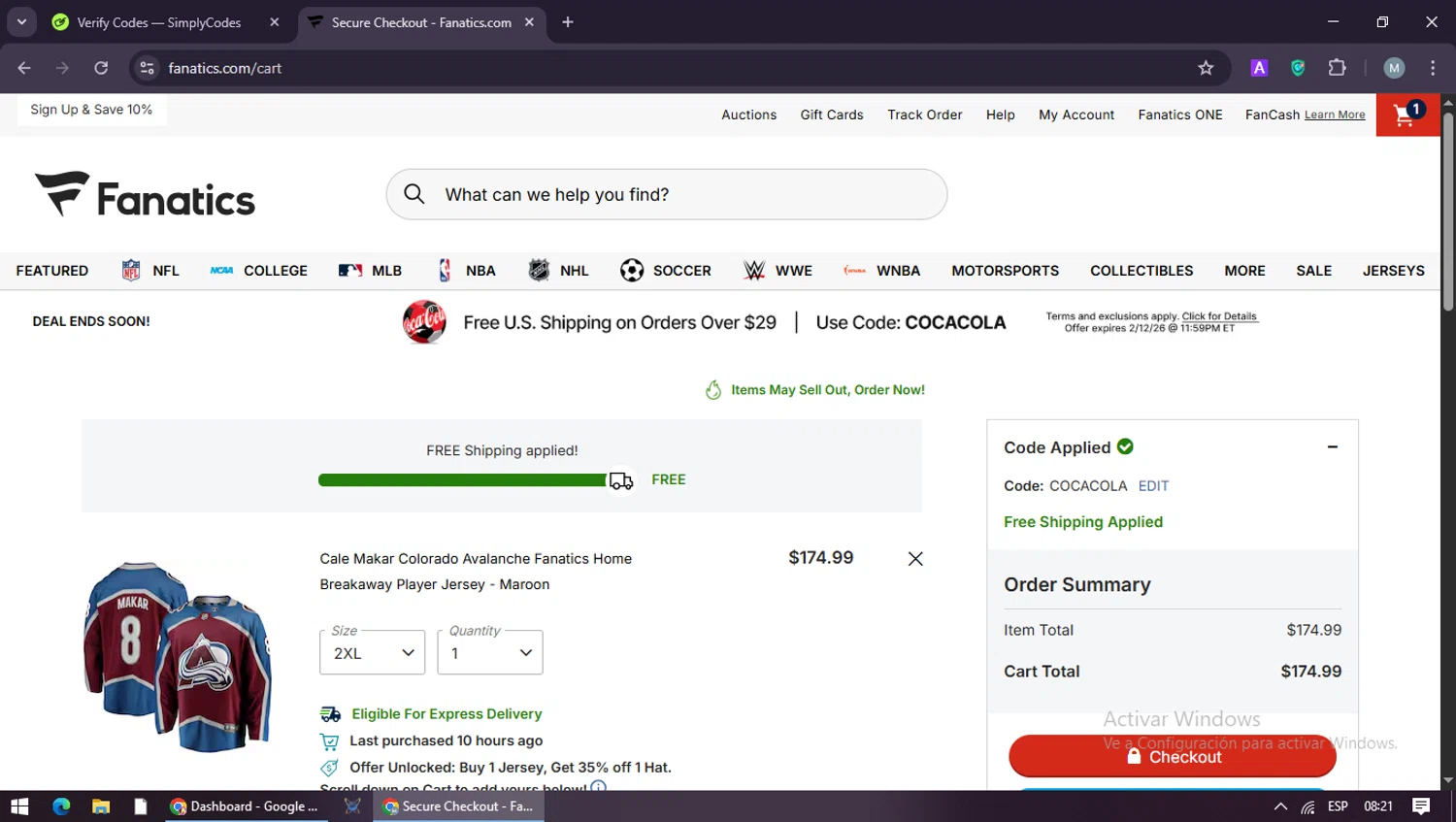 Colorado Avalanche promo code screenshot showing code COCACOLA applied at Colorado Avalanche checkout page. Uploaded by SimplyCodes community member maraxo on Feb 12, 2026