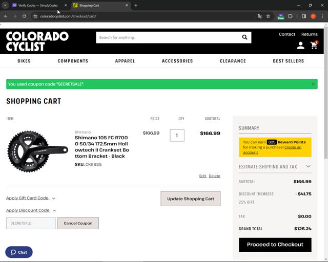 Colorado Cyclist checkout page showing Colorado Cyclist discount code box | Screenshot taken by SimplyCodes community member on Jan 24, 2024