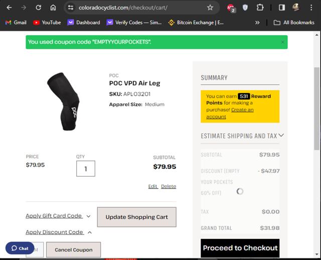 Colorado Cyclist checkout page showing Colorado Cyclist discount code box | Screenshot taken by SimplyCodes community member on Mar 27, 2024