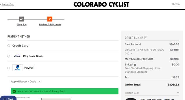 Colorado Cyclist checkout page showing Colorado Cyclist discount code box | Screenshot taken by SimplyCodes community member on Mar 25, 2024