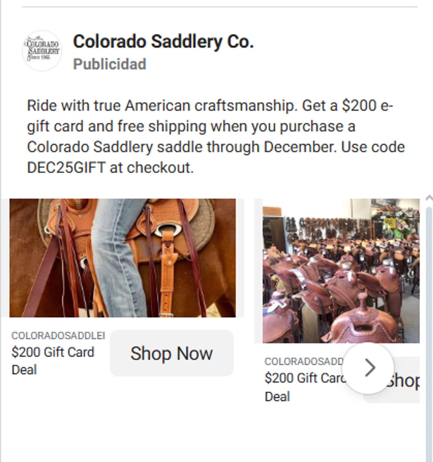 Colorado Saddlery promo code screenshot showing code DEC25GIFT applied at Colorado Saddlery checkout page. Uploaded by SimplyCodes community member antonietarodriguez96 on Dec 20, 2025