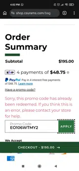 EO106WTMY2 coupon verification screenshot