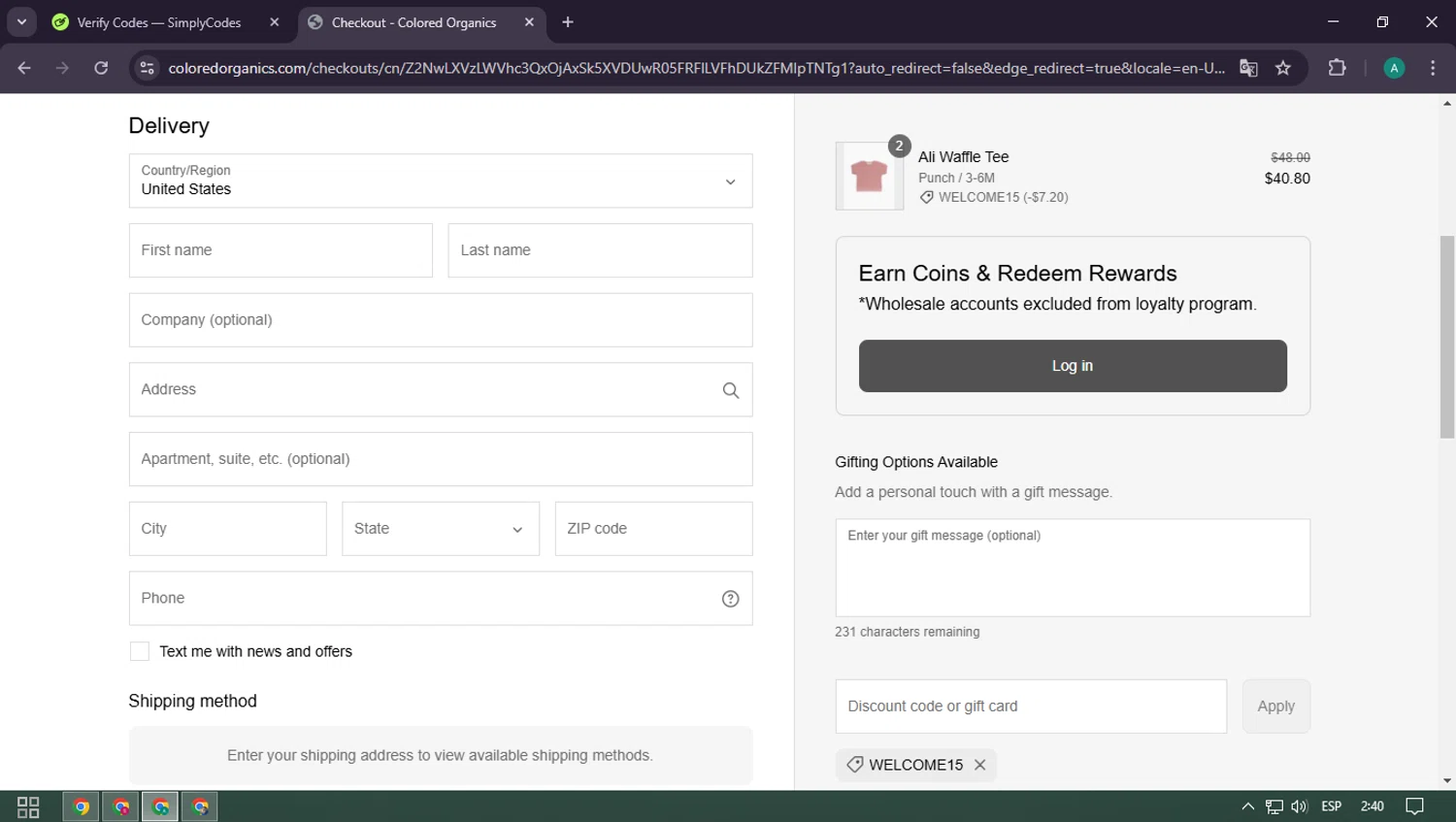 Colored Organics discount code screenshot showing code WELCOME15 applied at Colored Organics checkout page. Uploaded by SimplyCodes community member CarlOz on Mar 9, 2025