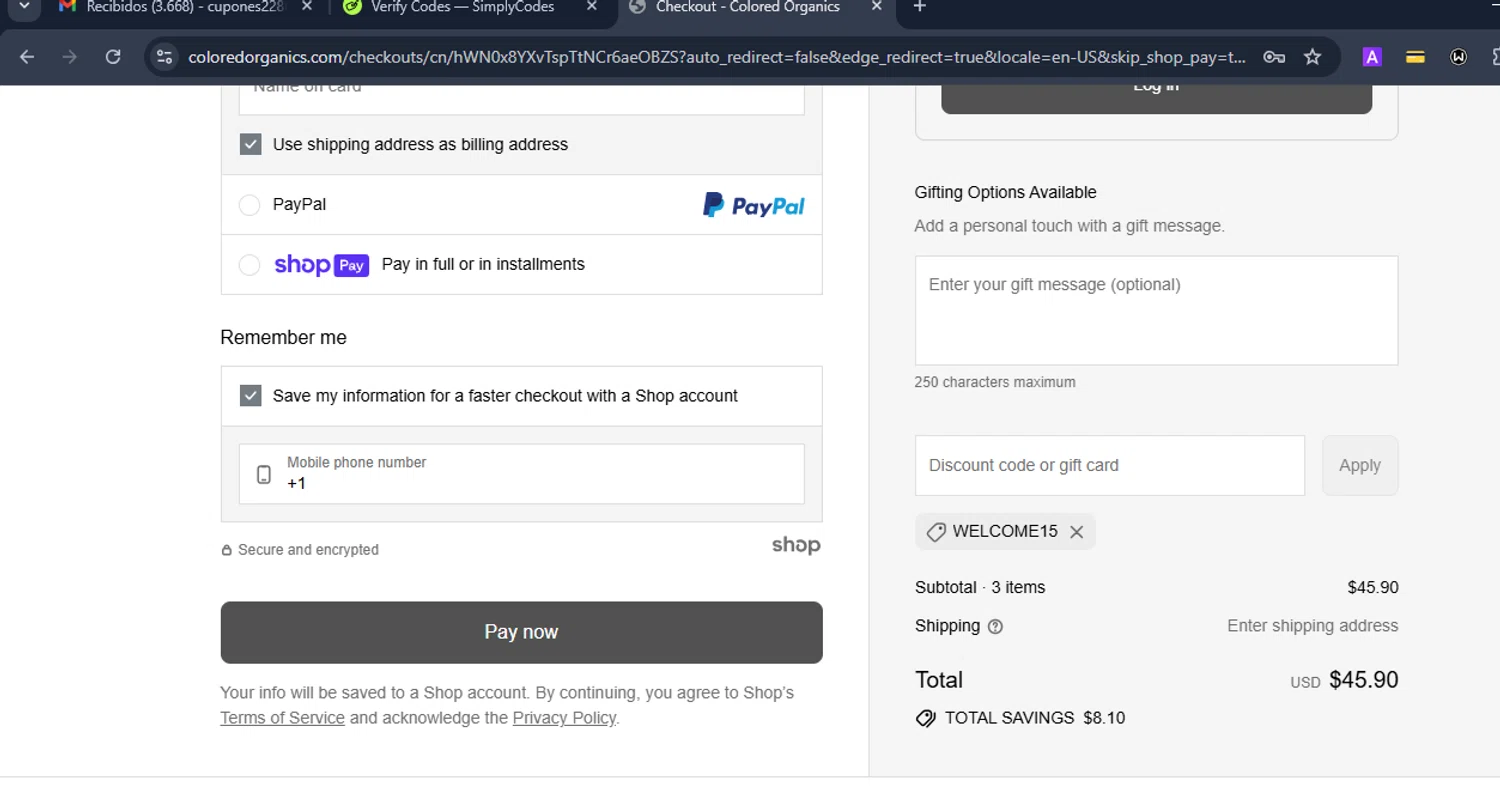 Colored Organics discount code screenshot showing code WELCOME15 applied at Colored Organics checkout page. Uploaded by SimplyCodes community member Eduard on Jul 23, 2025