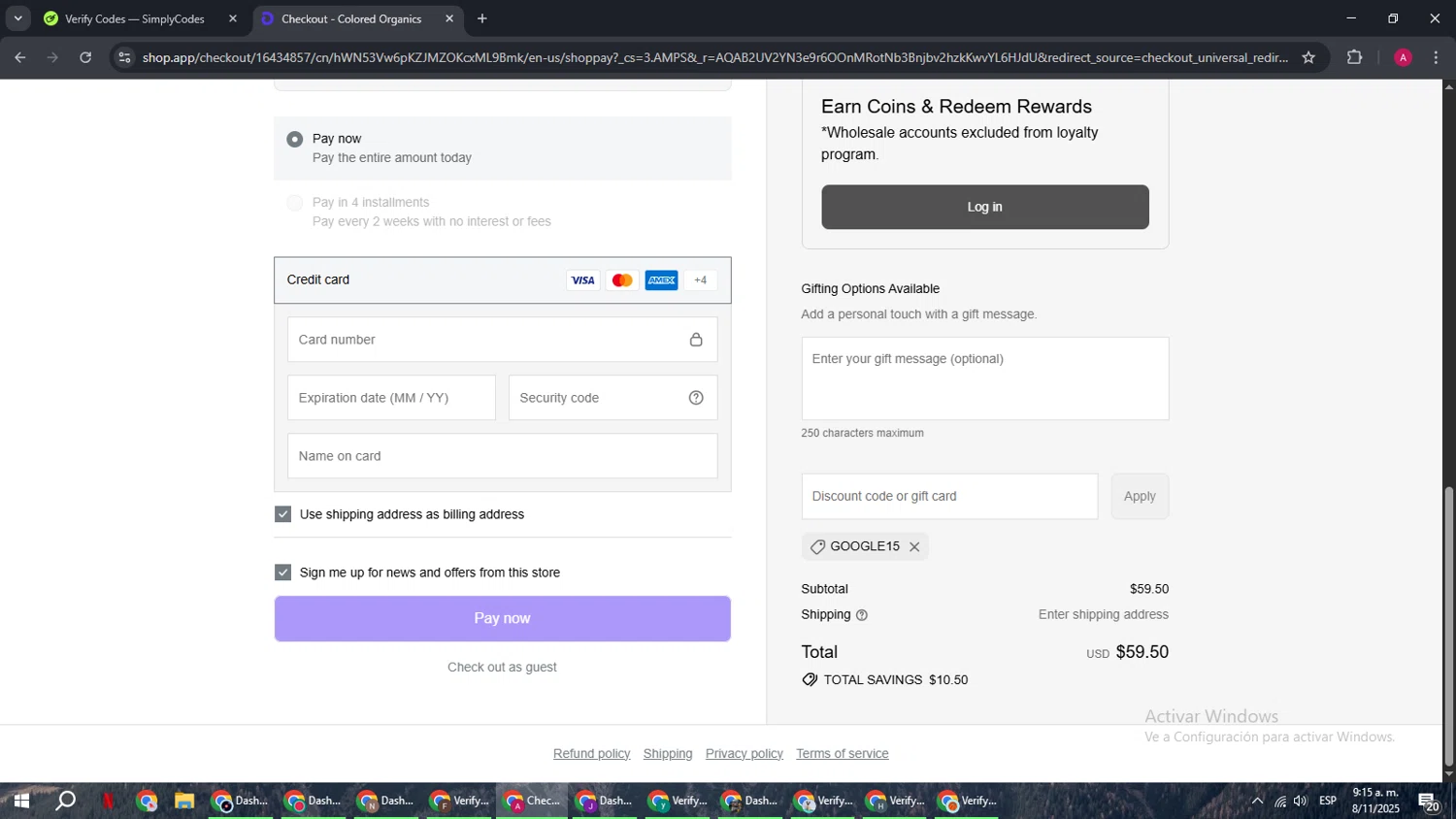 Colored Organics discount code screenshot showing code GOOGLE15 applied at Colored Organics checkout page. Uploaded by SimplyCodes community member BMWGS1200 on Nov 8, 2025