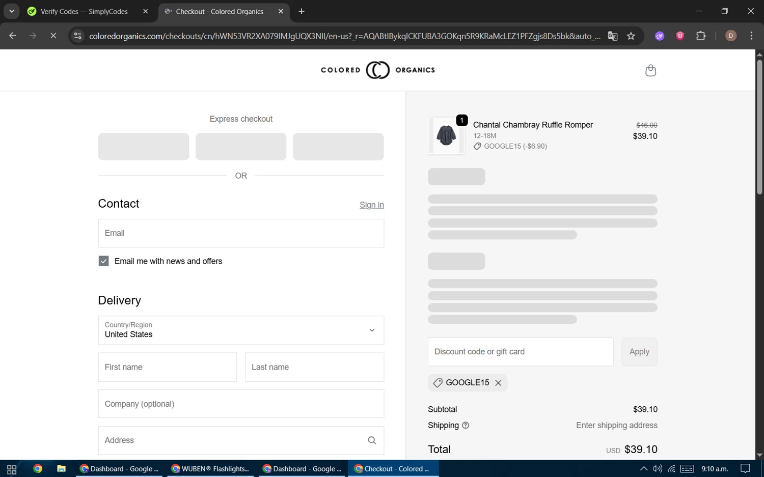 Colored Organics discount code screenshot showing code GOOGLE15 applied at Colored Organics checkout page. Uploaded by SimplyCodes community member BrilliantWizard8884 on Nov 8, 2025