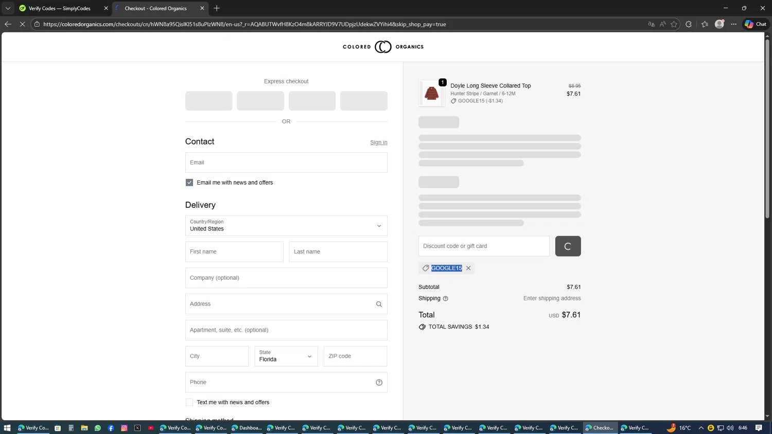 Colored Organics checkout page showing Colored Organics discount code box | Screenshot taken by SimplyCodes community member on Feb 9, 2026