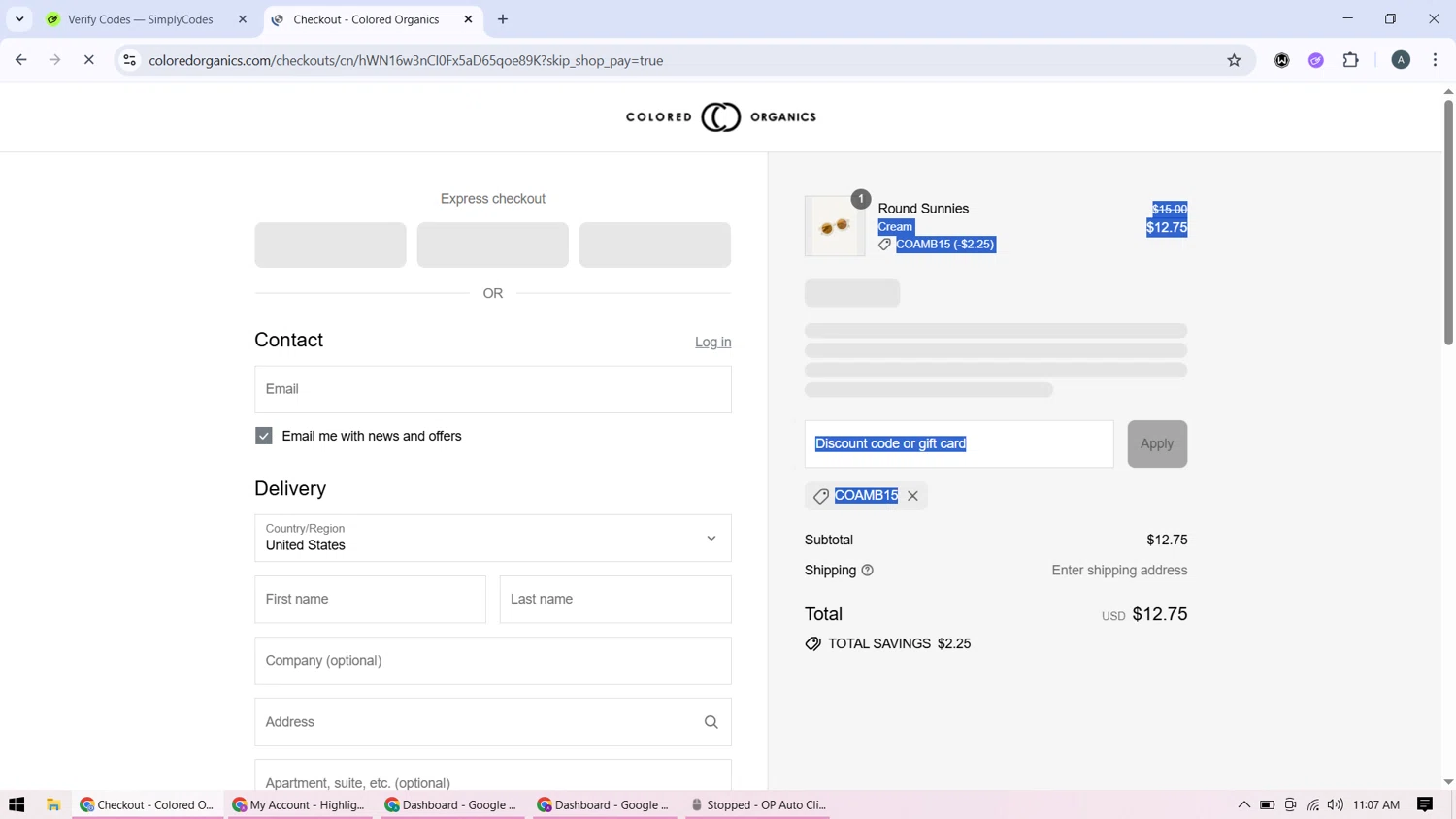 Colored Organics discount code screenshot showing code COAMB15 applied at Colored Organics checkout page. Uploaded by SimplyCodes community member BonusMonarch7015 on Jul 27, 2025