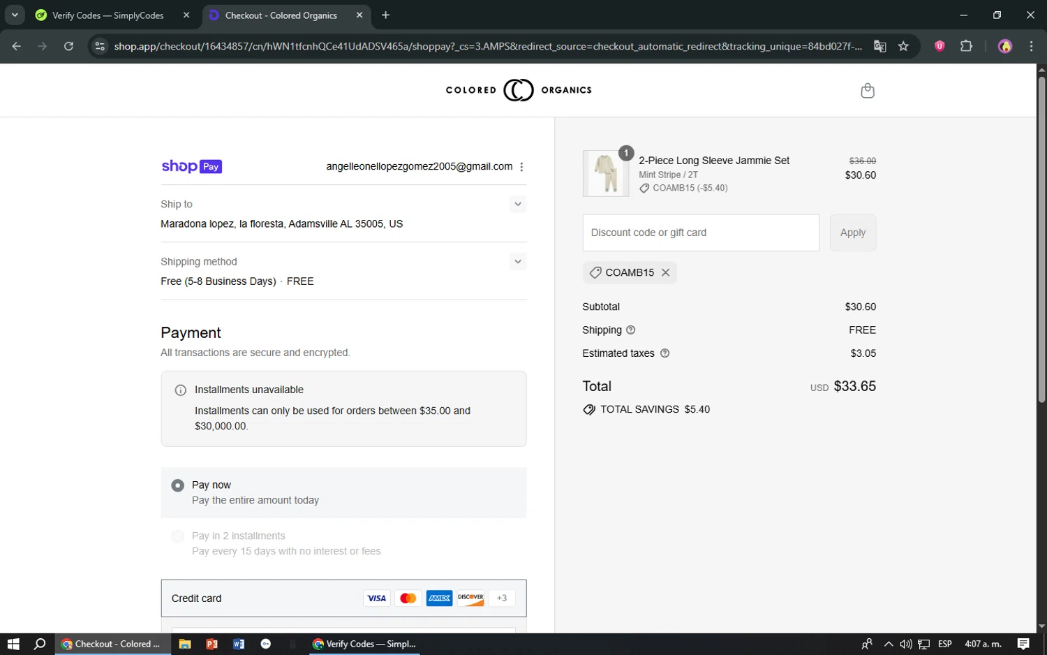 Colored Organics discount code screenshot showing code COAMB15 applied at Colored Organics checkout page. Uploaded by SimplyCodes community member TreasureShopper9156 on Aug 17, 2025