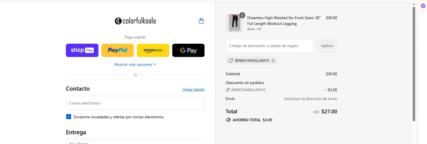 Colorfulkoala discount code screenshot showing code JENNCHANGLAM10 applied at Colorfulkoala checkout page. Uploaded by SimplyCodes community member ValueHawk3038 on Aug 25, 2025