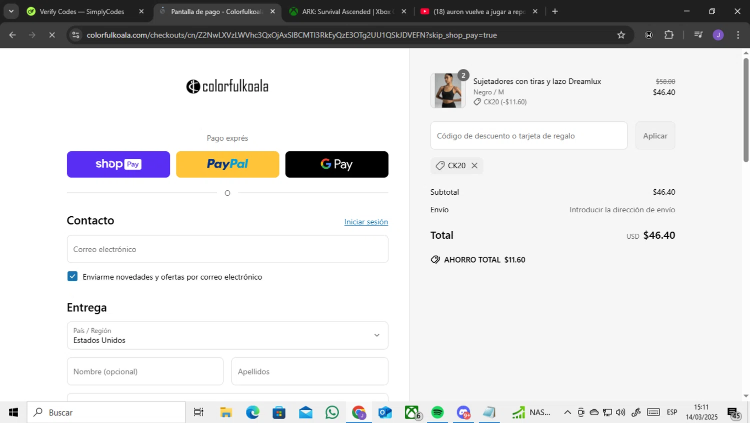Colorfulkoala discount code screenshot showing code CK20 applied at Colorfulkoala checkout page. Uploaded by SimplyCodes community member ENCARAMESSI on Mar 14, 2025
