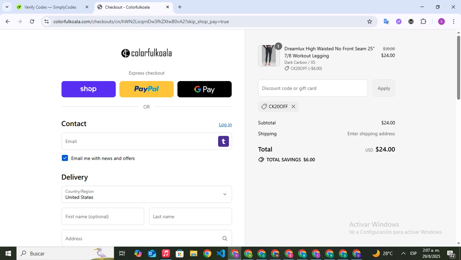 Colorfulkoala discount code screenshot showing code CK20OFF applied at Colorfulkoala checkout page. Uploaded by SimplyCodes community member WonderPioneer5062 on Aug 29, 2025
