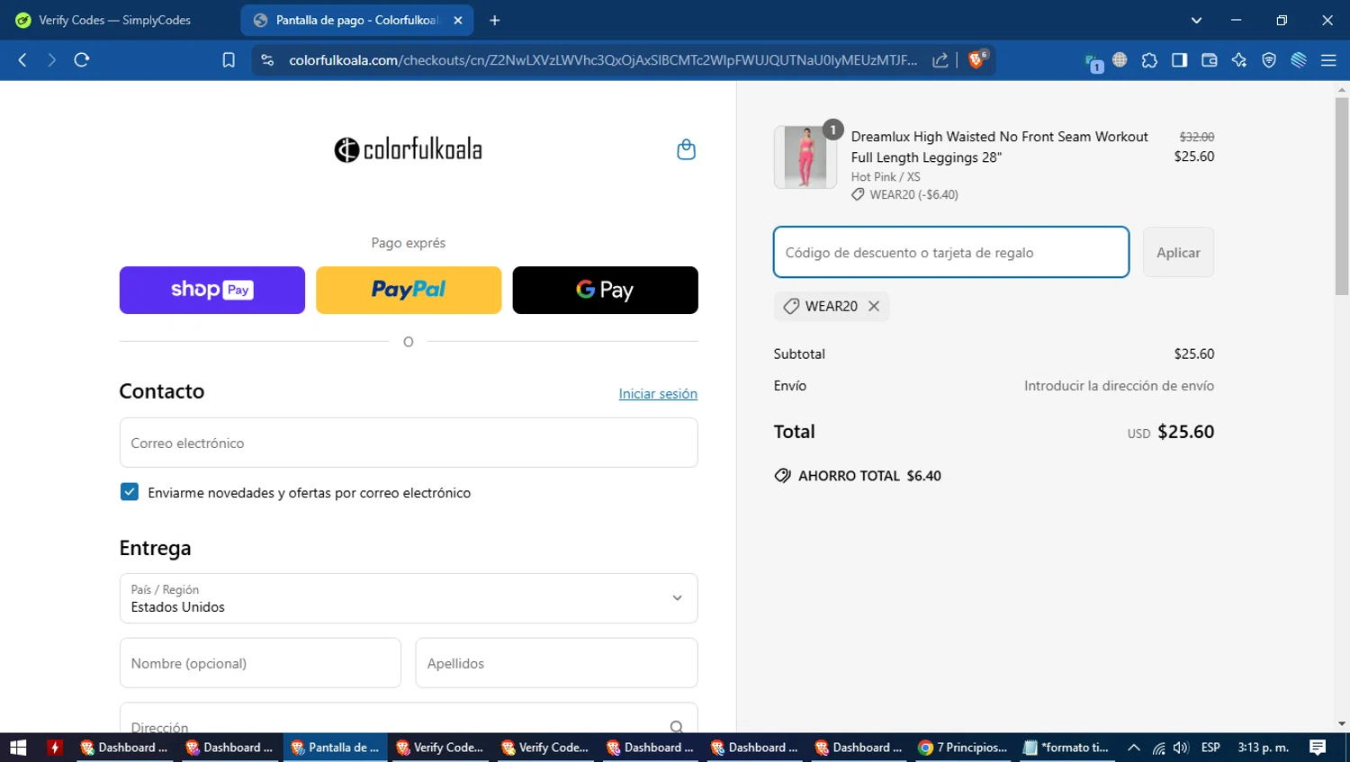 Colorfulkoala discount code screenshot showing code WEAR20 applied at Colorfulkoala checkout page. Uploaded by SimplyCodes community member MagnificentVoyager2830 on Mar 14, 2025