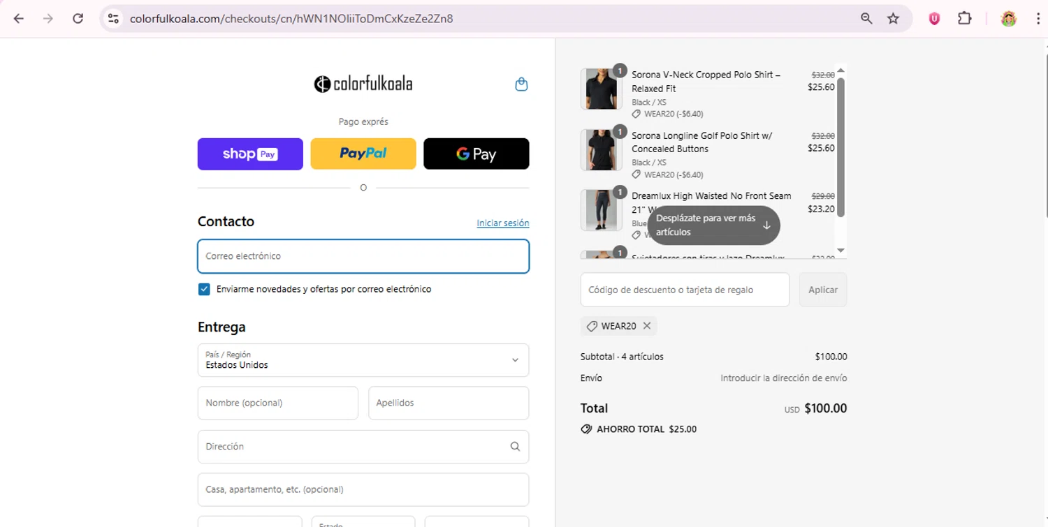 Colorfulkoala discount code screenshot showing code WEAR20 applied at Colorfulkoala checkout page. Uploaded by SimplyCodes community member laurachirinos on Aug 3, 2025