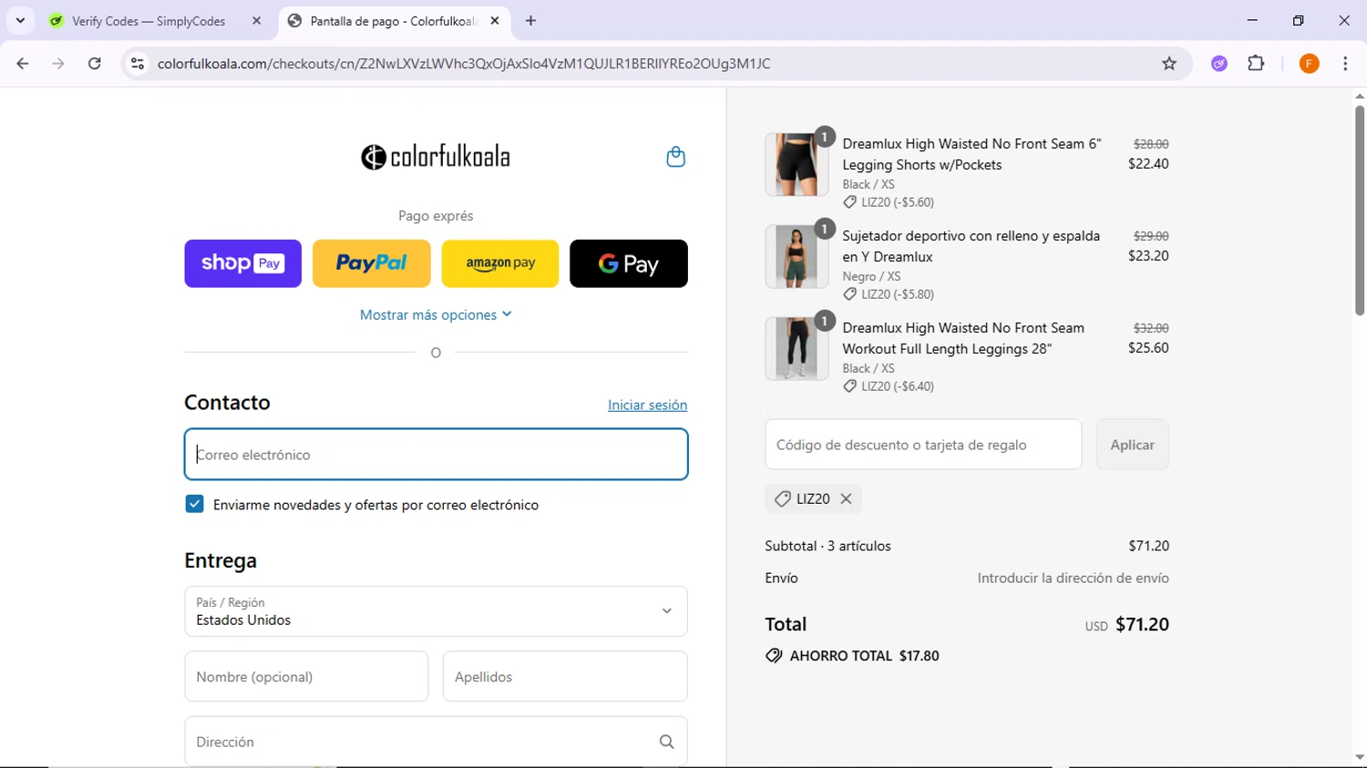 Colorfulkoala discount code screenshot showing code LIZ20 applied at Colorfulkoala checkout page. Uploaded by SimplyCodes community member TreasureSleuth5198 on Jul 3, 2025