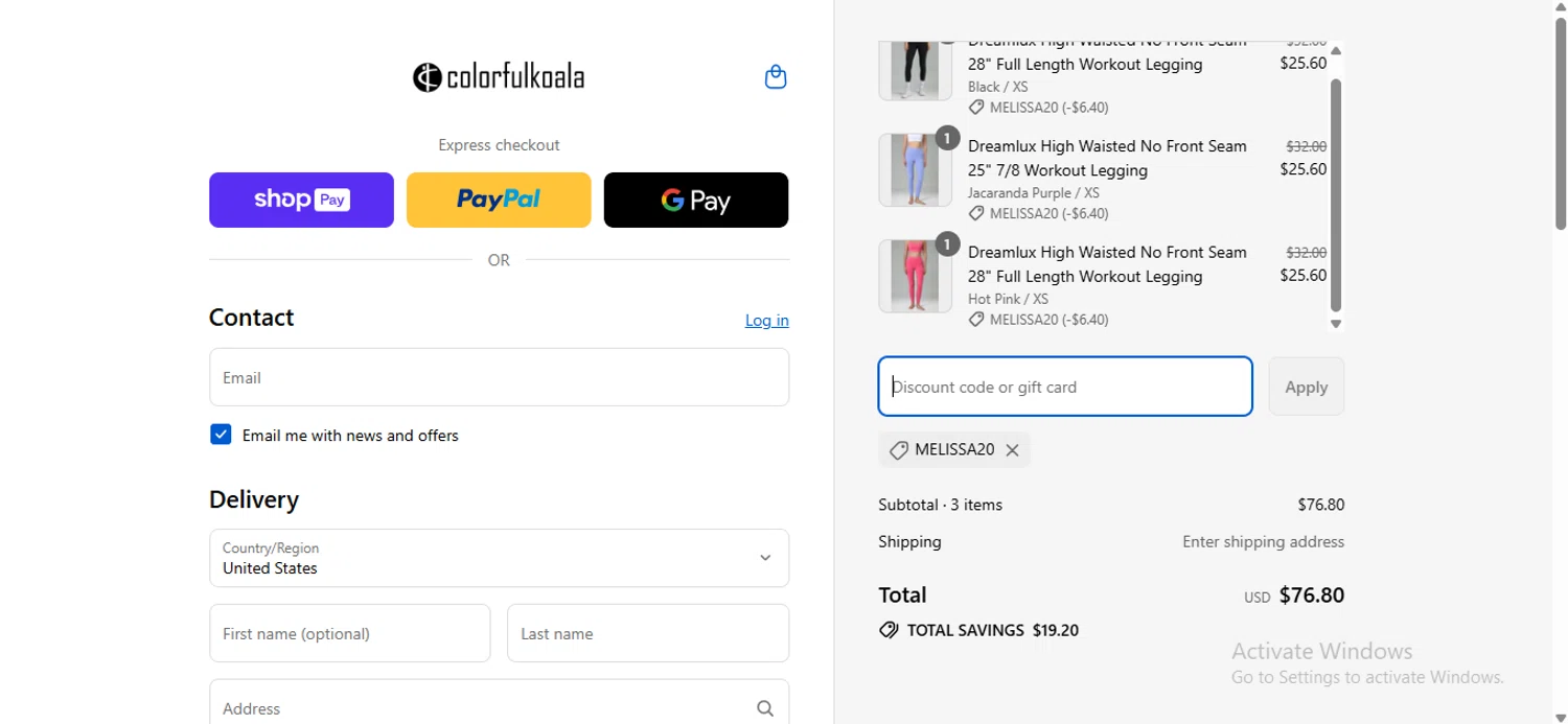Colorfulkoala discount code screenshot showing code MELISSA20 applied at Colorfulkoala checkout page. Uploaded by SimplyCodes community member anosesmith on Aug 18, 2025