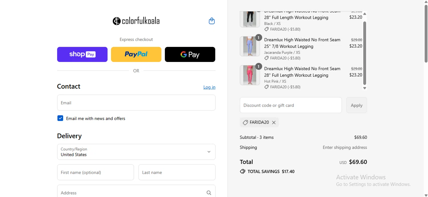 Colorfulkoala discount code screenshot showing code Farida20 applied at Colorfulkoala checkout page. Uploaded by SimplyCodes community member anosesmith on Aug 21, 2025