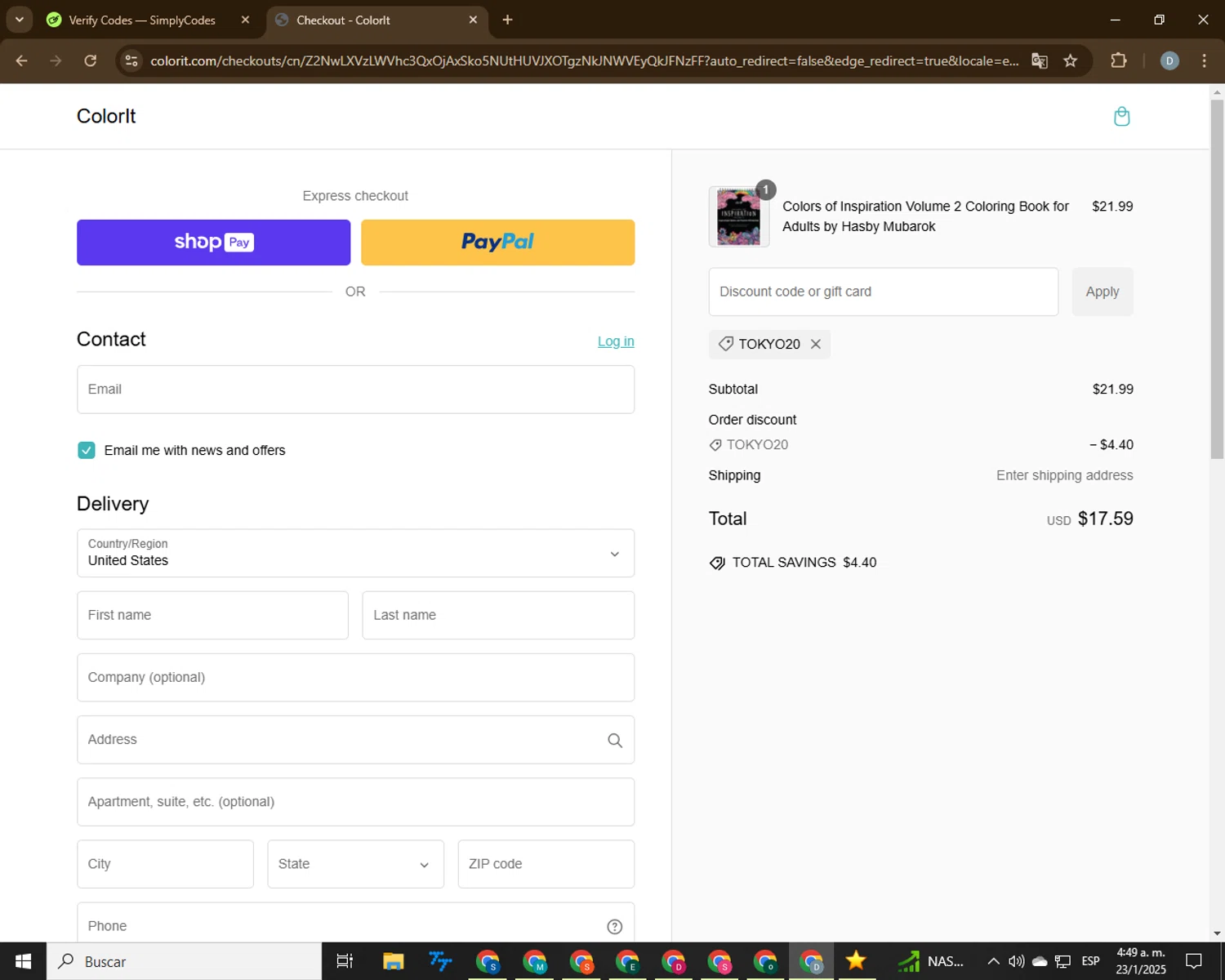 ColorIt discount code screenshot showing code TOKYO20 applied at ColorIt checkout page. Uploaded by SimplyCodes community member CodeVoyager5621 on Jan 23, 2025