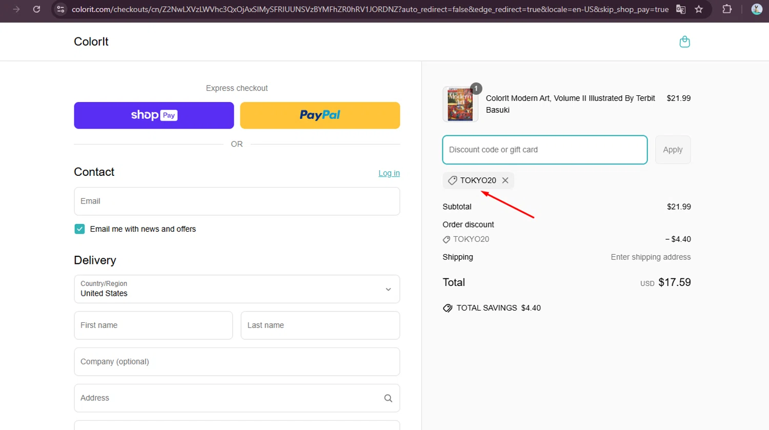 ColorIt discount code screenshot showing code TOKYO20 applied at ColorIt checkout page. Uploaded by SimplyCodes community member elgatobravo on Apr 17, 2025
