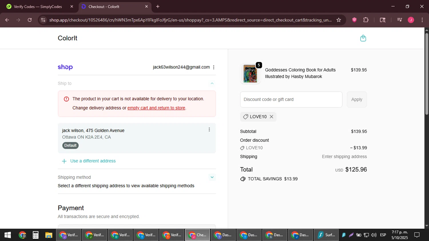 ColorIt discount code screenshot showing code LOVE10 applied at ColorIt checkout page. Uploaded by SimplyCodes community member JackWilson63 on Oct 5, 2025