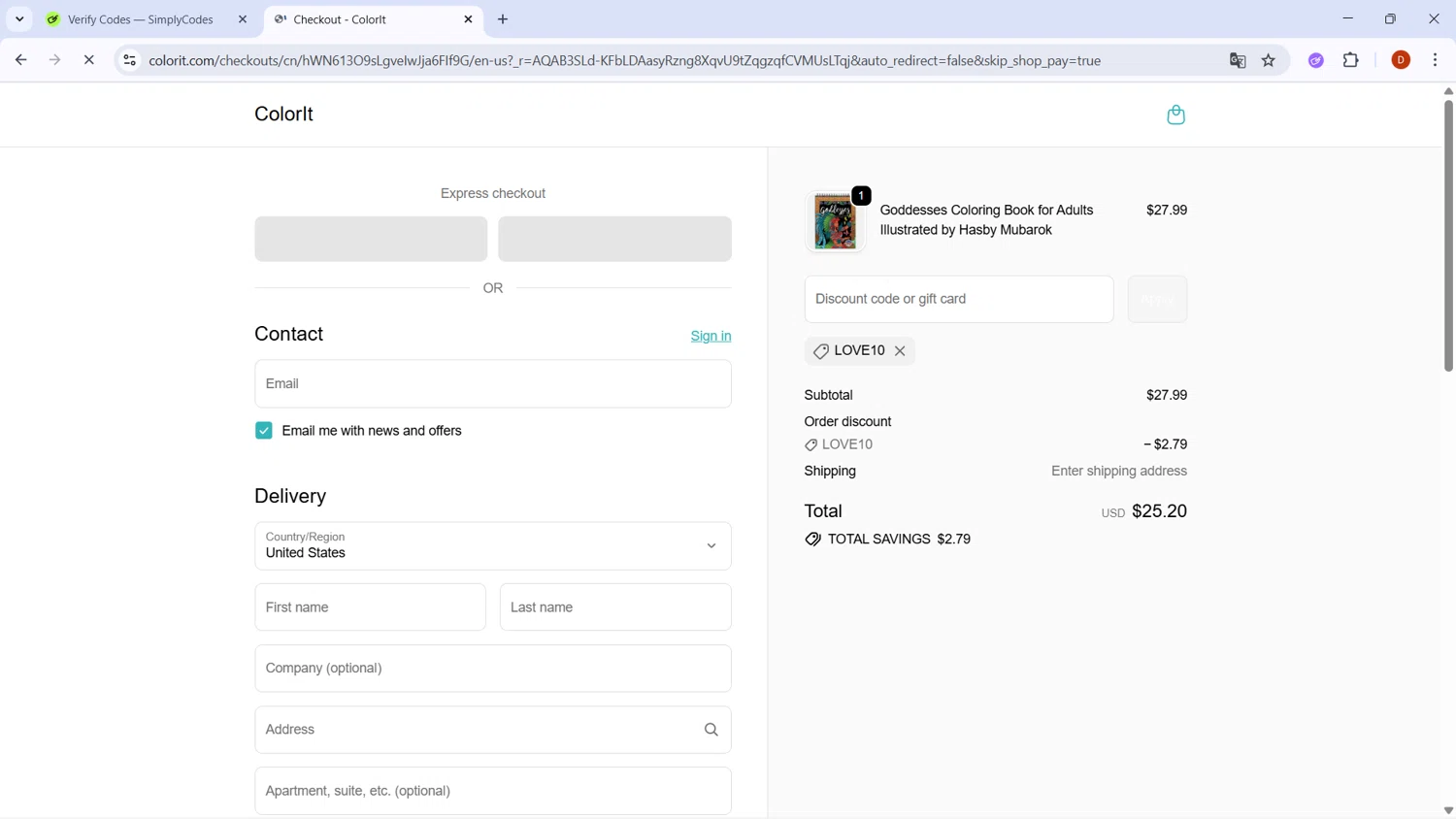 ColorIt discount code screenshot showing code LOVE10 applied at ColorIt checkout page. Uploaded by SimplyCodes community member RoyalSaver3150 on Dec 3, 2025