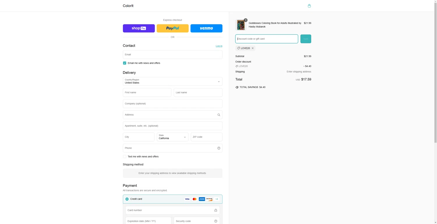 ColorIt discount code screenshot showing code LOVE20 applied at ColorIt checkout page. Uploaded by SimplyCodes community member Lorencia on Mar 9, 2025