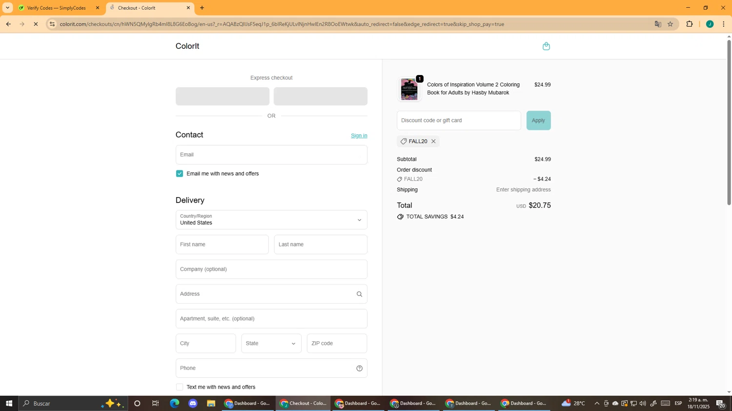 ColorIt discount code screenshot showing code FALL20 applied at ColorIt checkout page. Uploaded by SimplyCodes community member DealScout5970 on Nov 18, 2025